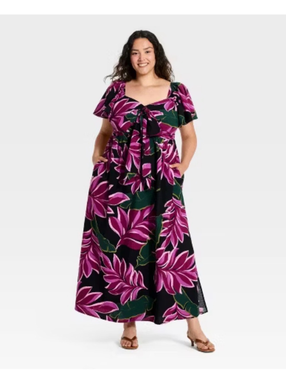 Ava & Viv Womens Plus Flutter Short Sleeve Tie-Front Maxi Summer Dress XXL Magen